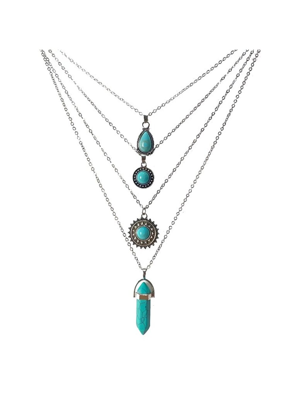 4 PCS Silver Turquoise Layered Necklaces for Women Girls